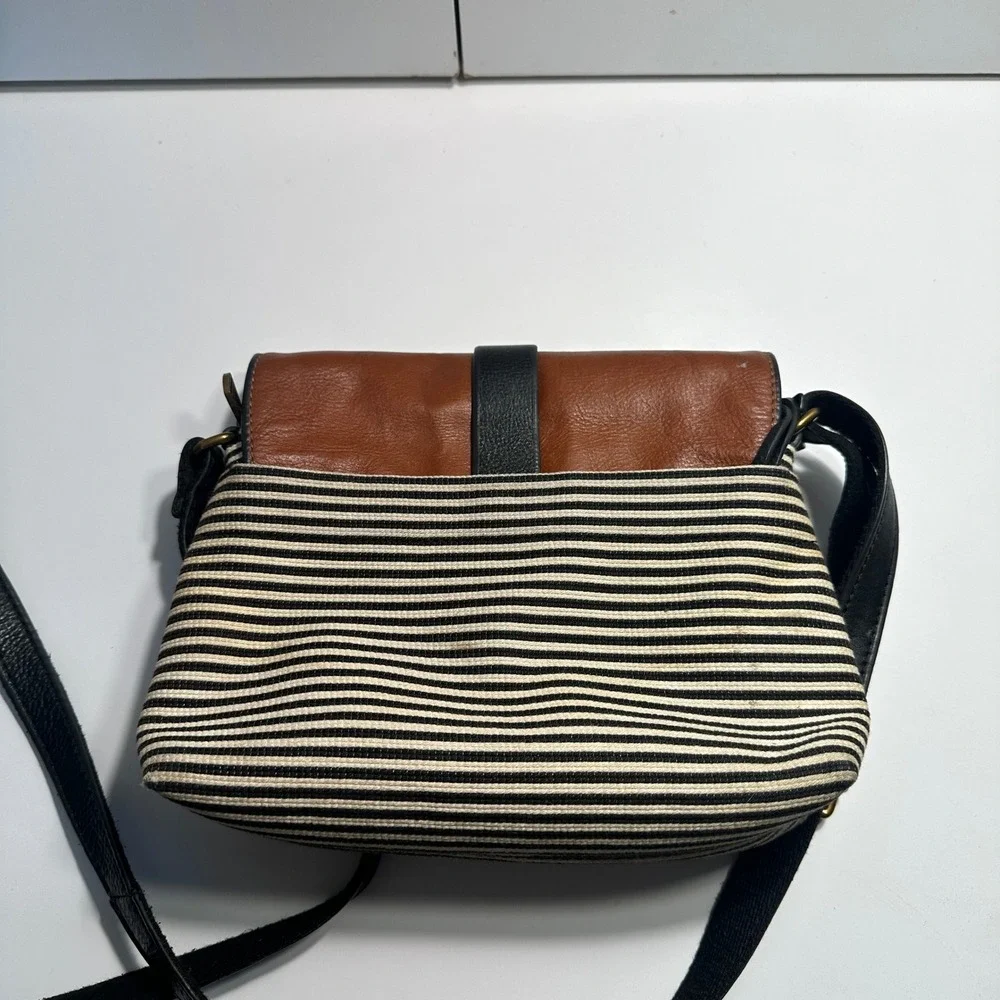 Fossil Kinley Crossbody Bag Womens Small Brown Striped Canvas Leather Flap Purse